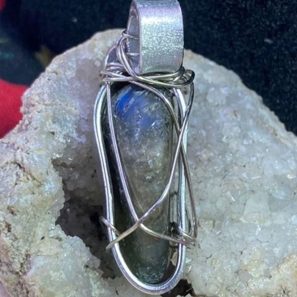 Sterling Silver 925 wire wrapped blue flash labradorite boho necklace - Picture 9 of 11